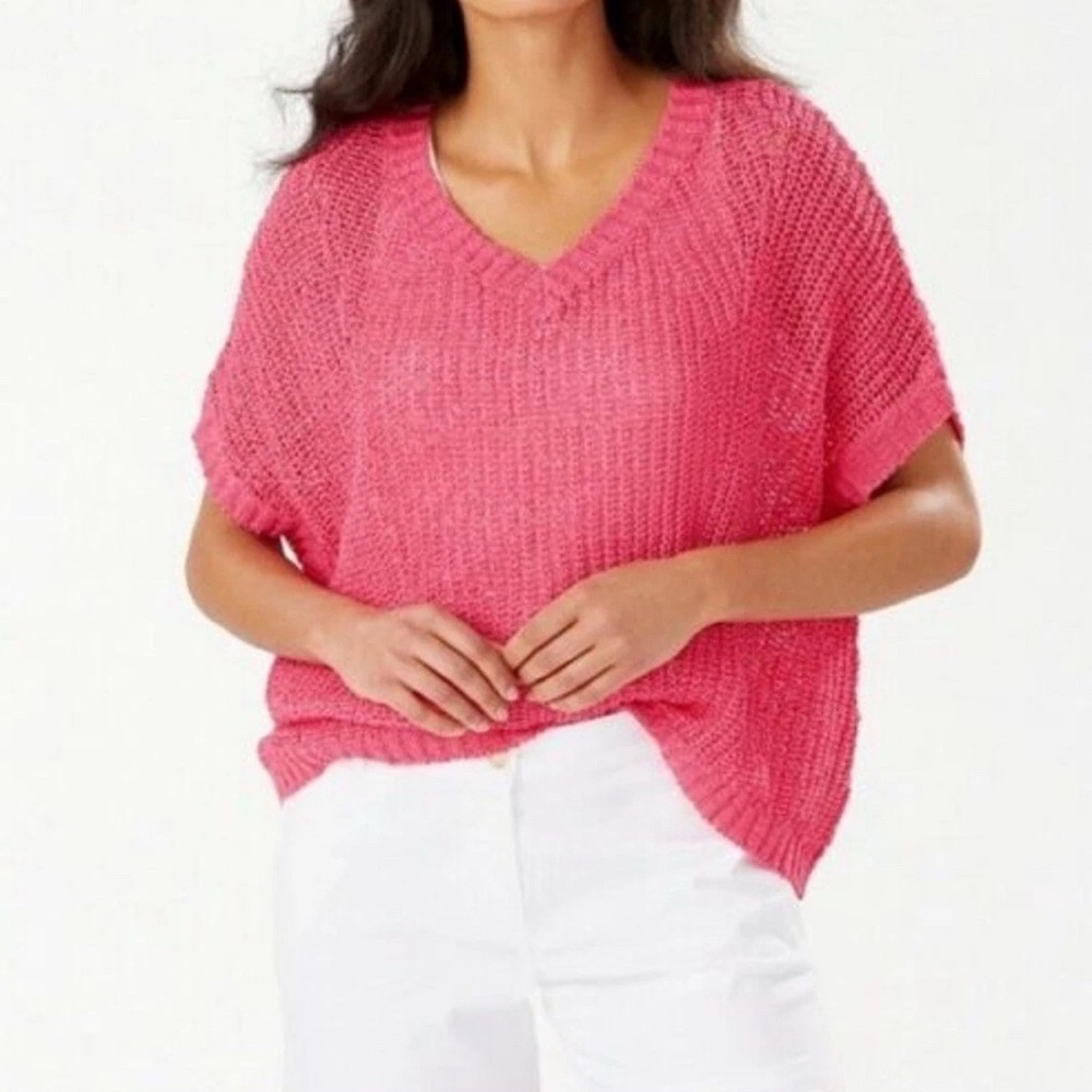 Tommy Bahama Sweater V-Neck pink Marlina Tape Yarn ruffle crochet Women's M